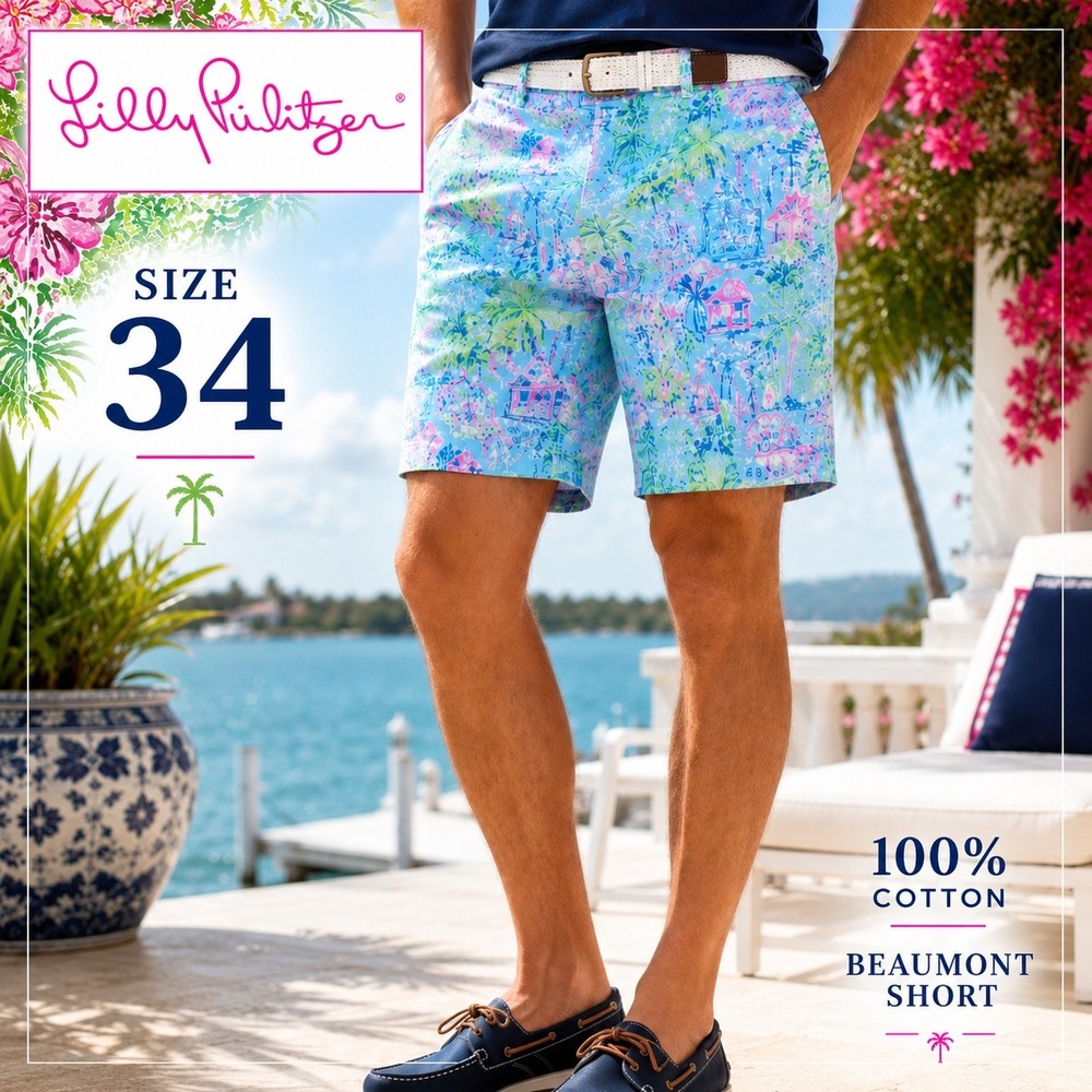 Lilly Pulitzer Beaumont Shorts Mens 34 Blue Tropical Resort Preppy Dobby Cotton